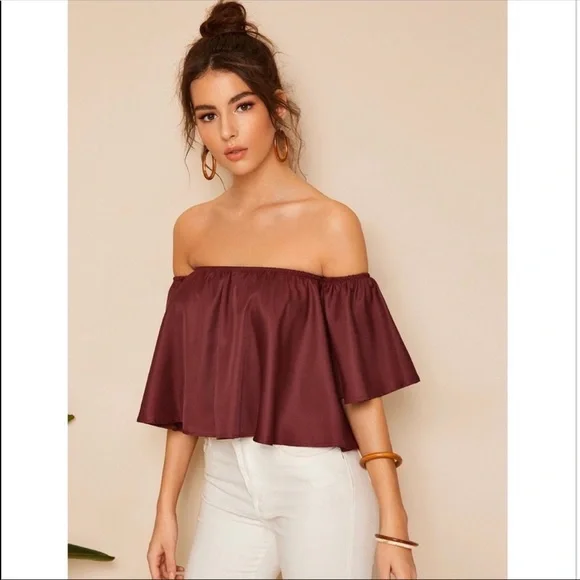 NEW Burgundy Shirred Off the Shoulder Top - Picture 5 of 5